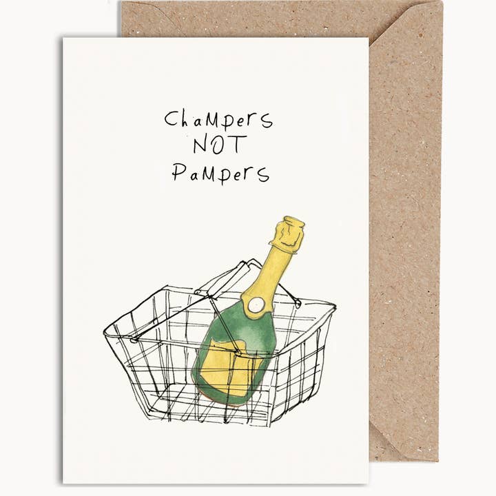 WeirdWatercolours – wholesale Baby card – Champers Not Pampers