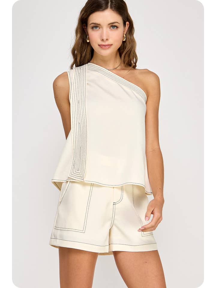 Strut & Bolt - Wholesale Blouse - Women's - Top Stitch Detail One Shoulder Top