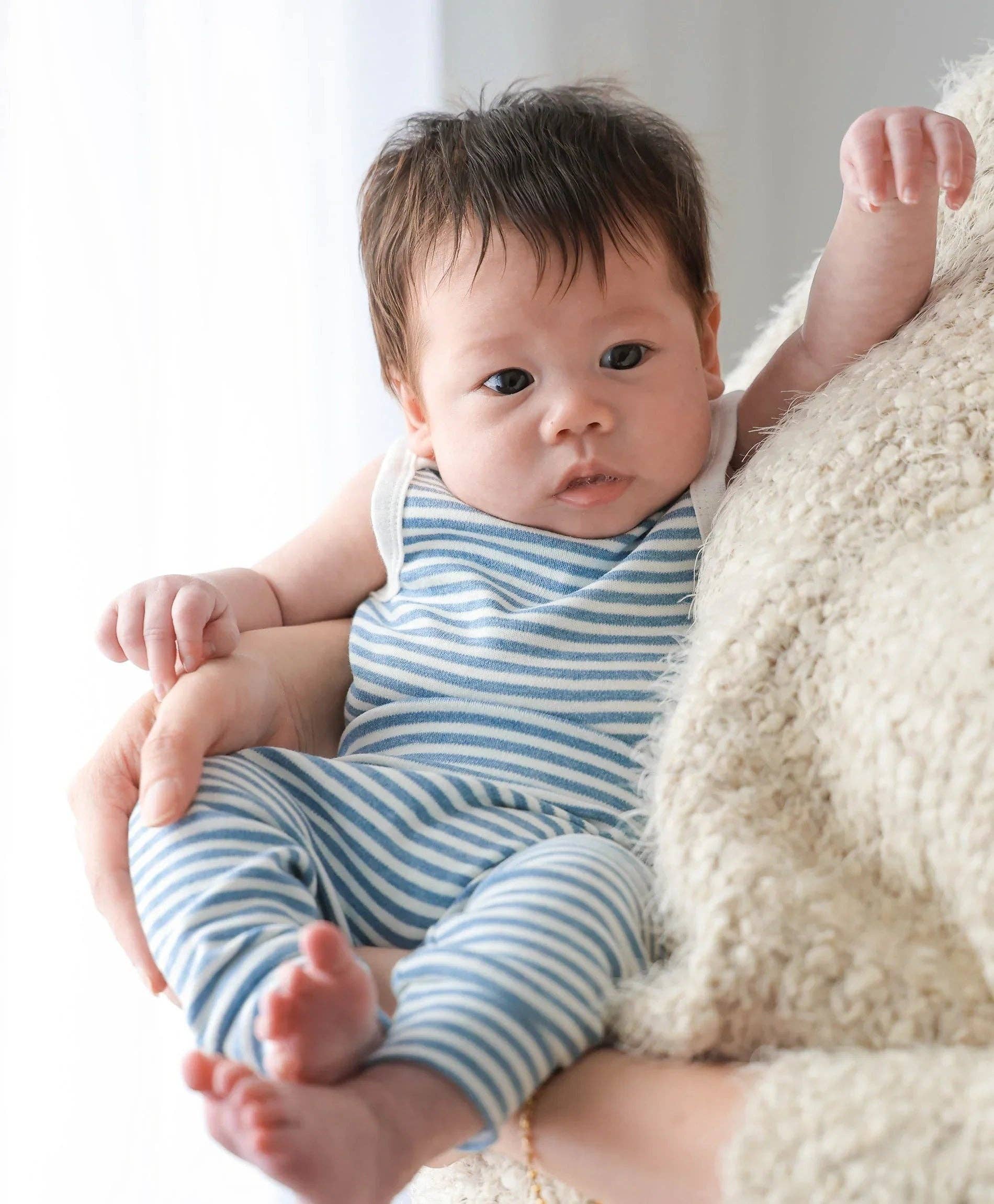 Lūmmi in Colour Babywear - Wholesale Bodysuit (Non-Footed) - Baby - Organic Cotton Singlet Bodysuit - Blue Stripes2