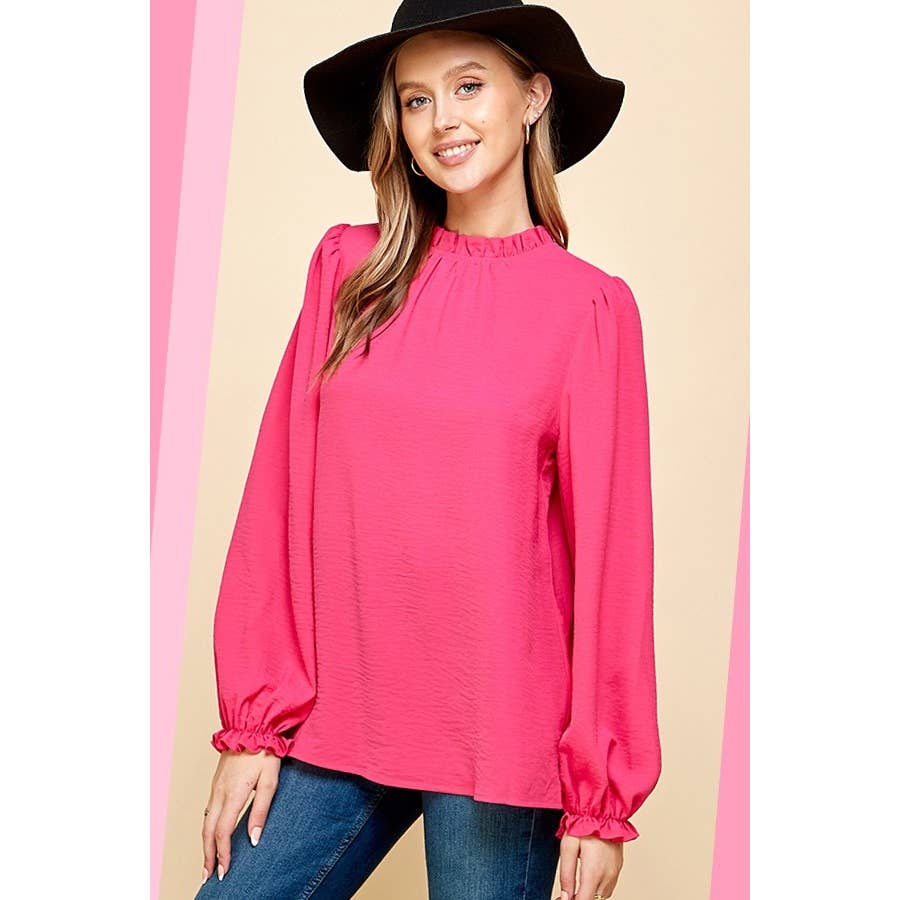 LIME N CHILI - Wholesale Blouse - Women's - Solid Ruffle Mock Neck Balloon Sleeve Blouse15