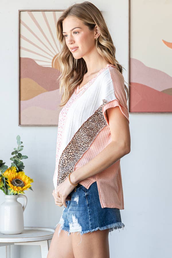 7th Ray - Wholesale Tunic - Women's - Multi Fabric Patchwork V neck Short Sleeve Top T594112