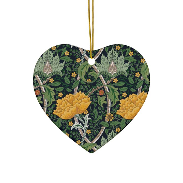 Ornements de Noël en céramique inspirés par William Morris - Collection Chrysanthème (Jaune) - Impression recto-verso : 1pc, 3pcs, 5pcs, 10pcs pour la vente par Willy Morris Home Emporium