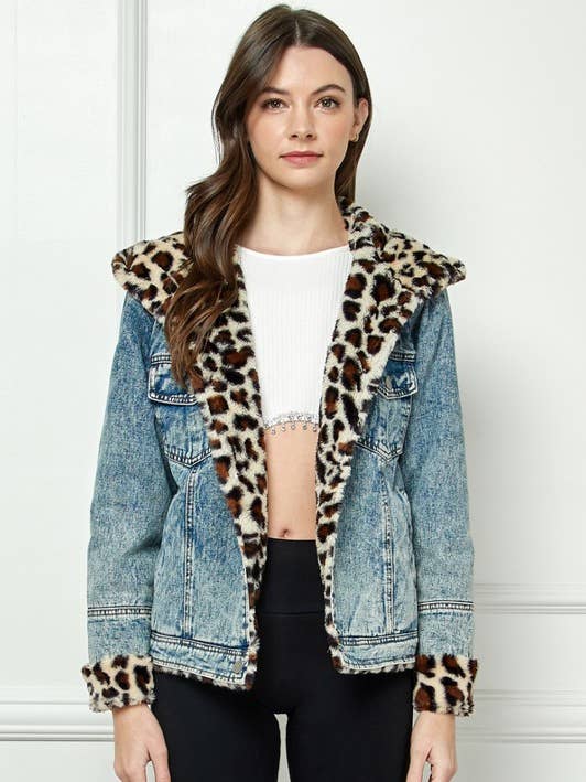 Leopard Fur Hoodie Revesible Denim Jacket for wholesale by Lemon Tree
