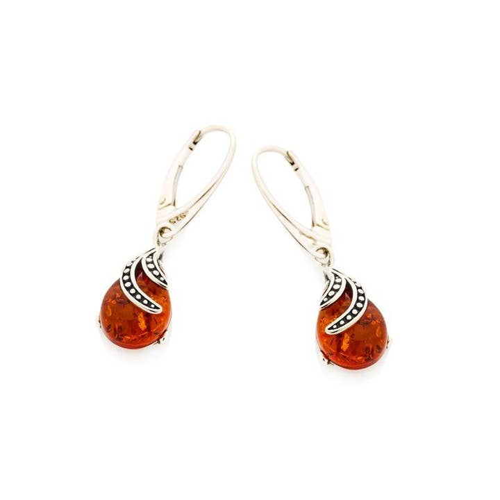 Cognac amber drop dangle earrings, silver for wholesale on Faire