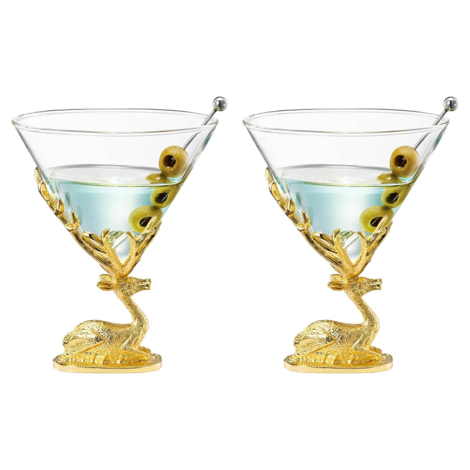 The Wine Savant /  Khen Glassware - Vente Verres à cocktail/alcool - Ensemble de 2 verres à cocktail avec bois de cerf, design cerf doré1