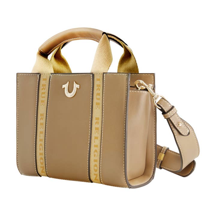 True Religion - Wholesale Tote Bag - Women's - True Religion Licensed Faux Leather Mini Tote Bag with Branded Straps, TAUPE