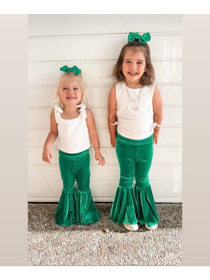 Jazy and Eve - Wholesale Pants - Kids - Kelly green velvet girl bell bottoms, green velvet flares