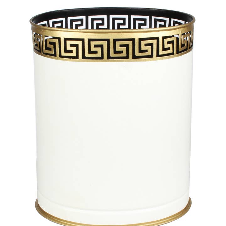 Elfenbeinfarbener Papierkorb mit griechischem Schlüssel für den Großhandel von The Enchanted Home