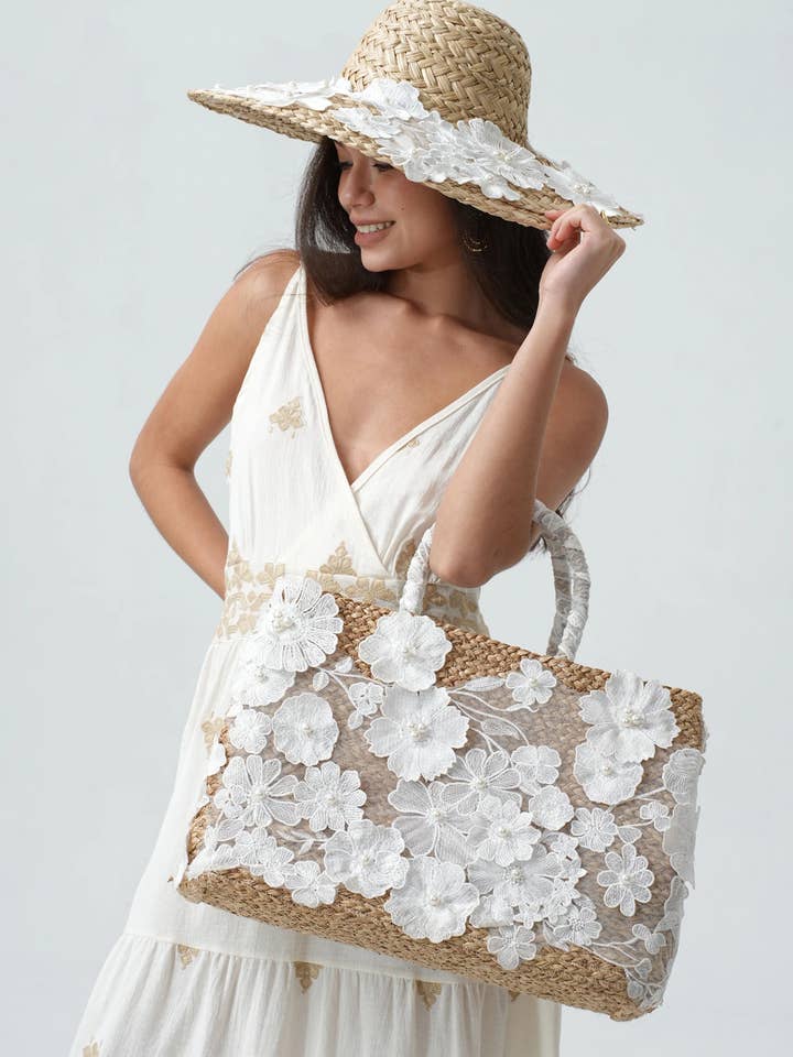 Straw Tote Bag With Floral Lace And Pearls BA15351 for wholesale by PHANIE MODE