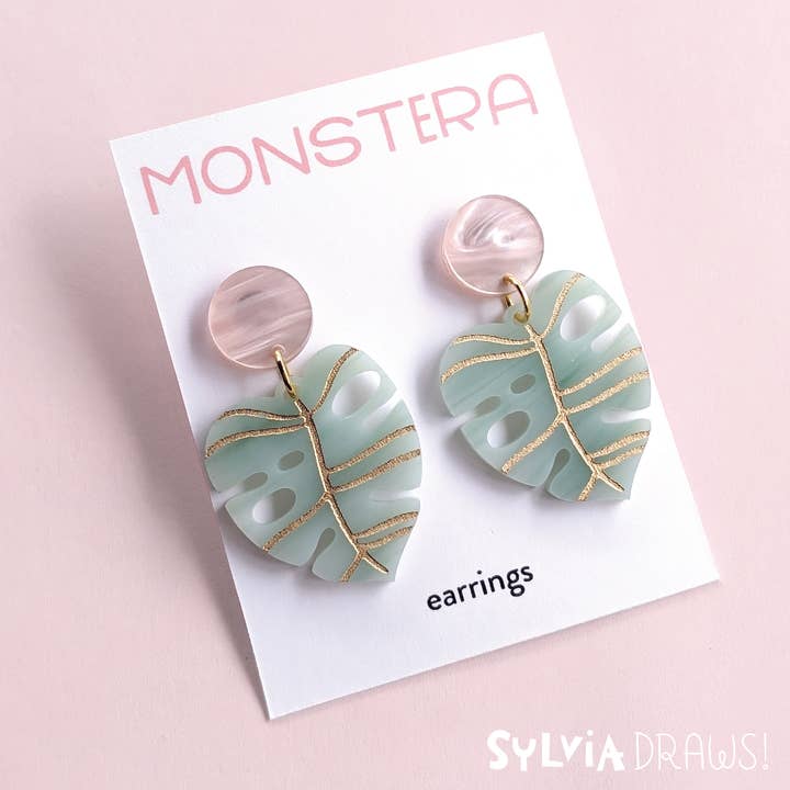 Monstera Earrings for wholesale by Sylvia Draws