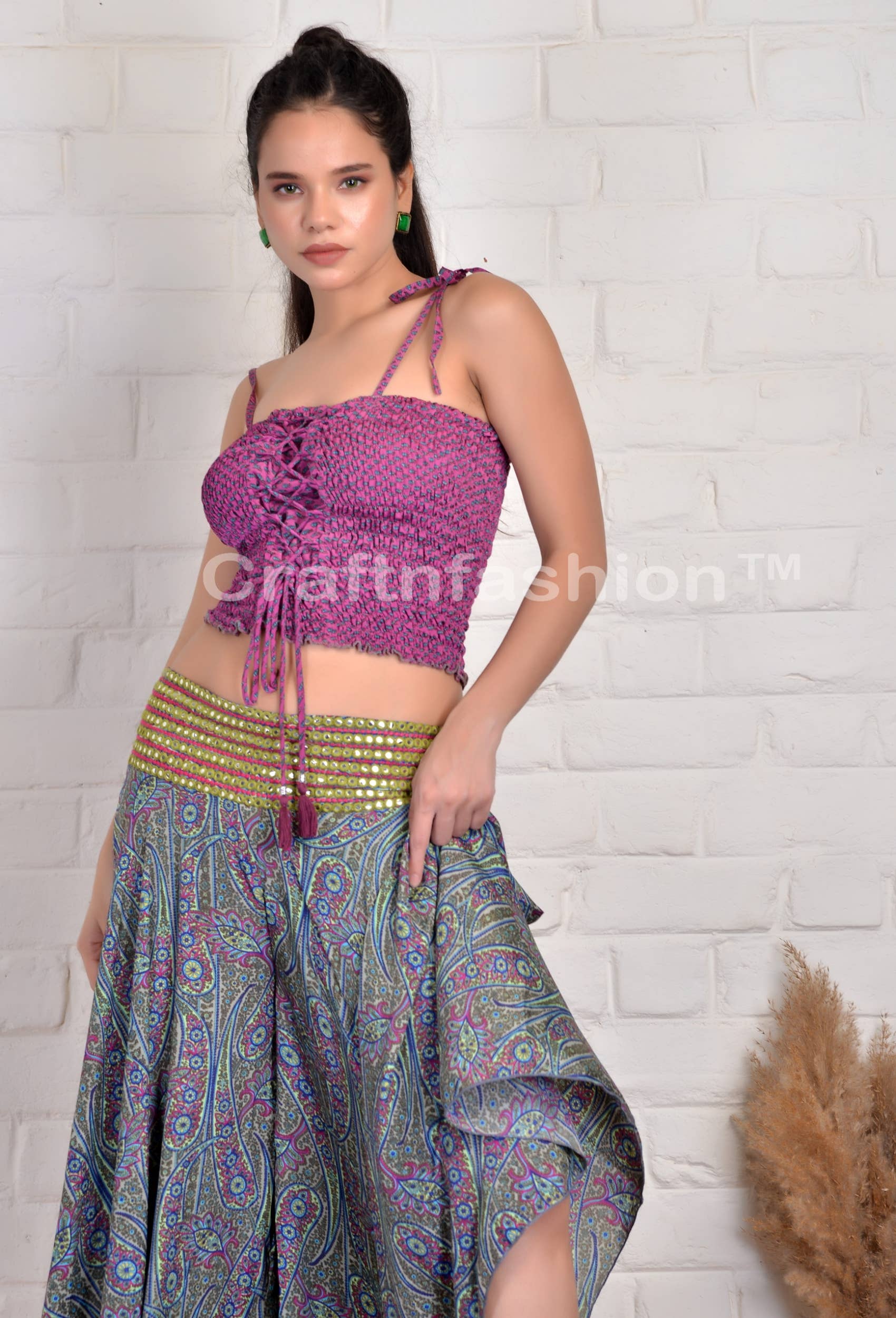 Meghcraft - Wholesale Pants - Women's - Silk Embroidered Smocked Waist Palazzo-Loungewear Trouser 5