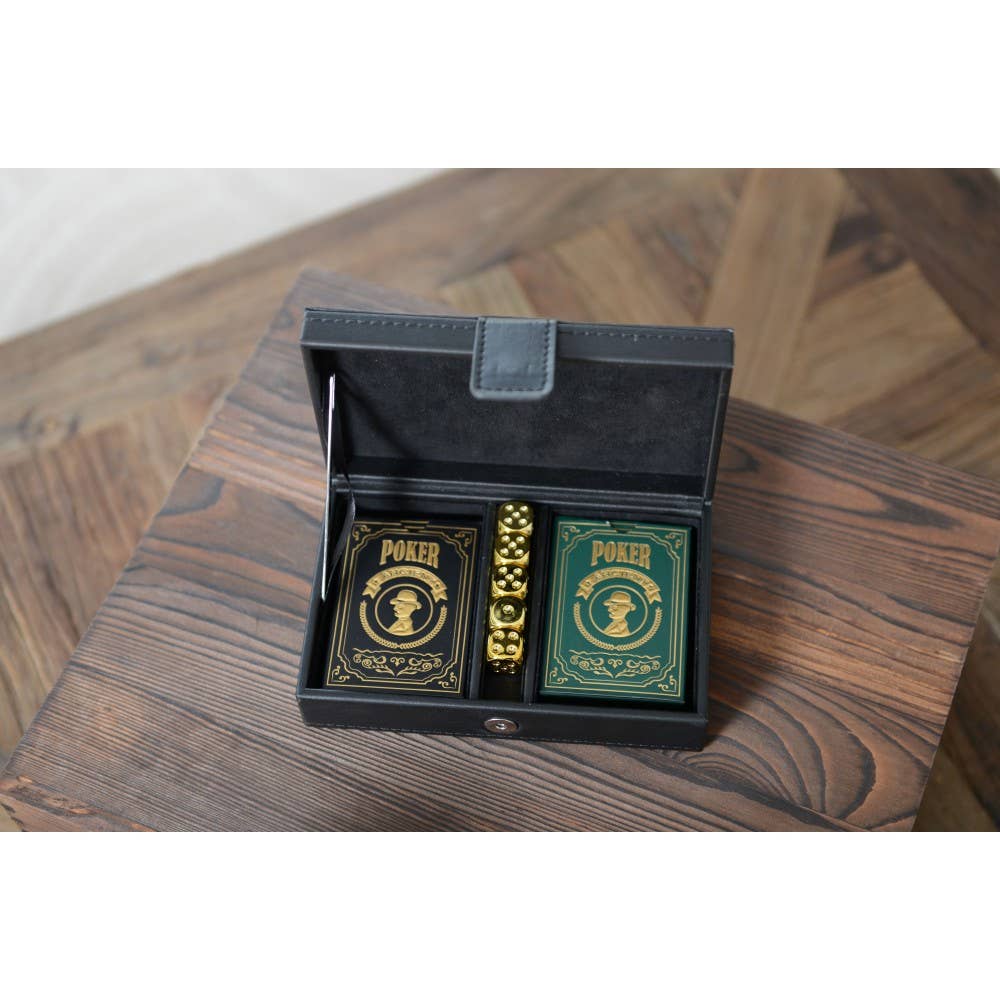 AULICA - Wholesale Playing Cards - 2 poker sets and 5 golden dice in a black faux leather case2