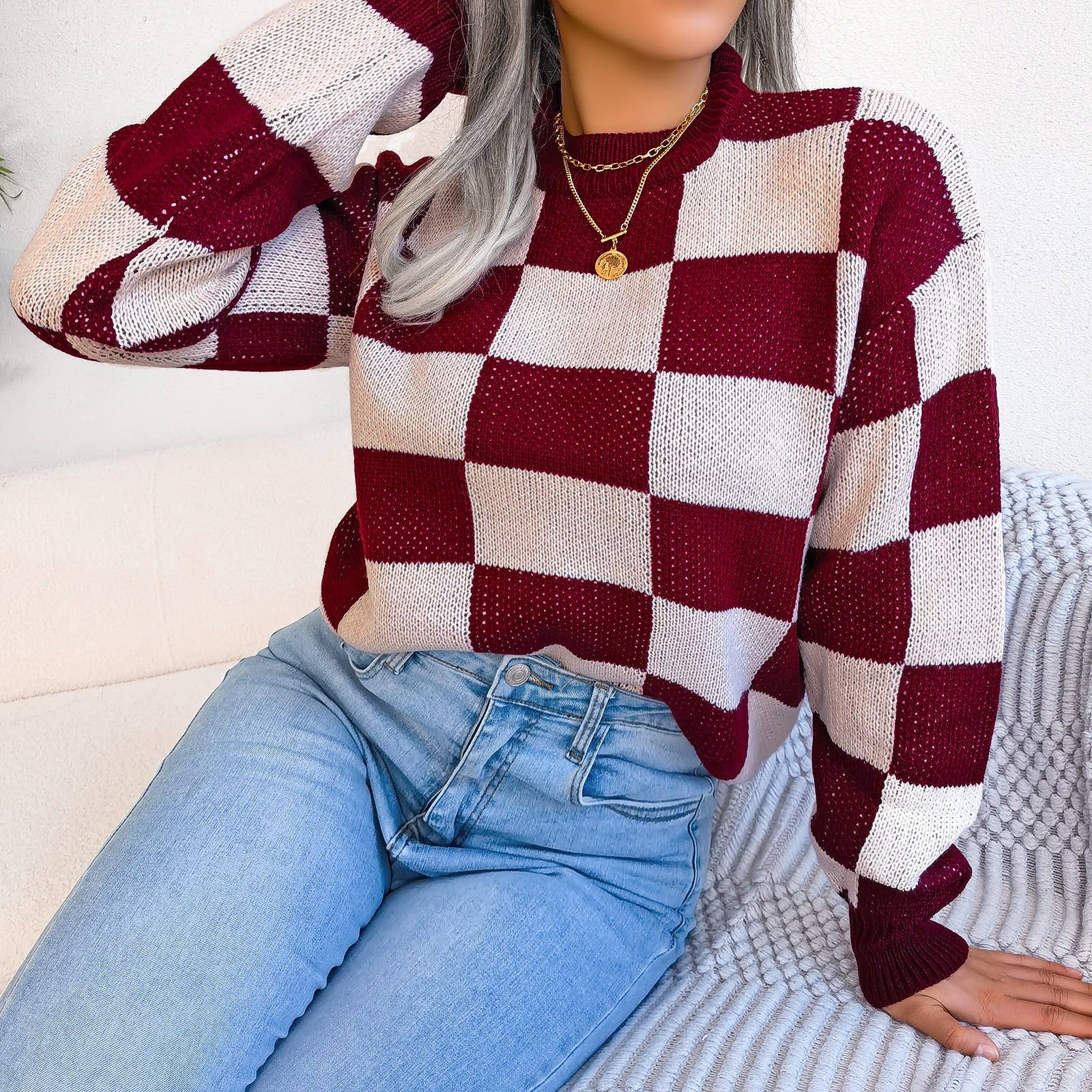 Hope & Sunshine - Wholesale Knit Sweater - Women's - Colorblock Plaid Knit Sweater For Women18