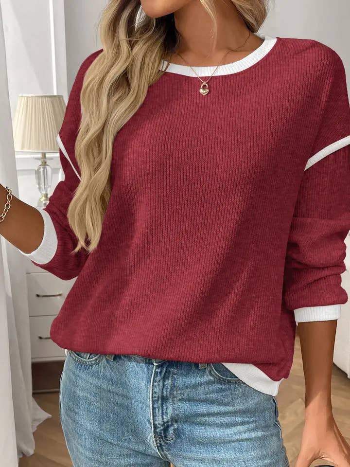 Burgundy Relaxed Fit Crewneck Knit Pullover for Casual Days for wholesale on Faire