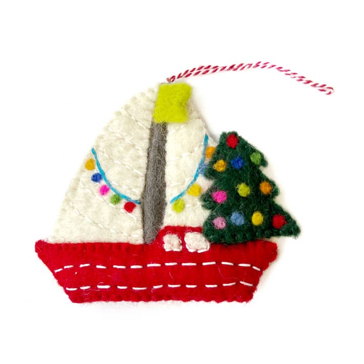 Sailboat with Tree Felt Wool Christmas Ornament for wholesale by Ornaments 4 Orphans