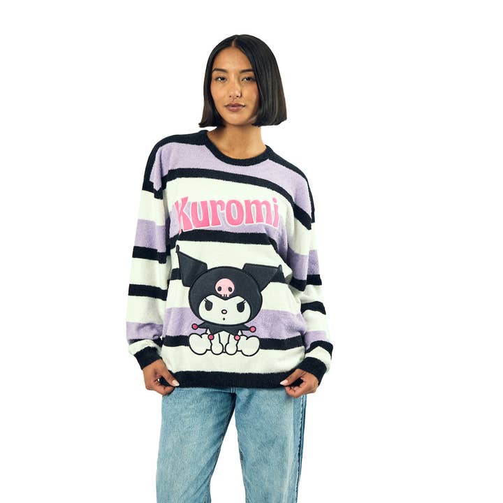 Kuromi Character Sitting Women's Purple & White Eyelash Sweater for wholesale by Bioworld Merchandising