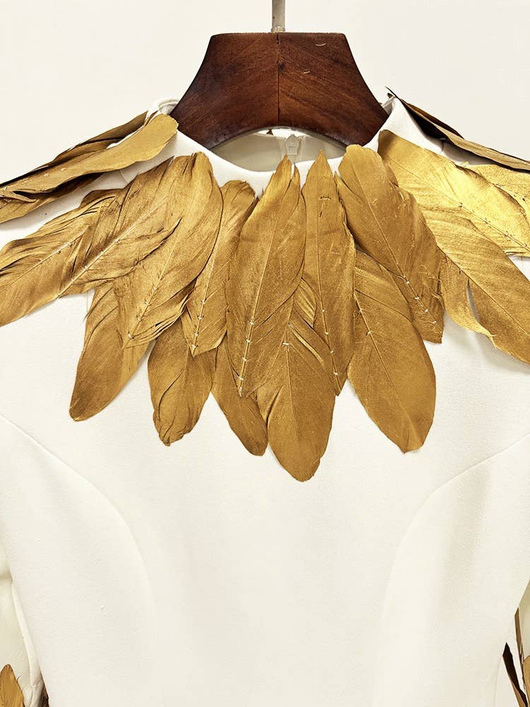 Cream 39Y Graceful Long Evening Dress with Golden Feather Details for wholesale on Faire6