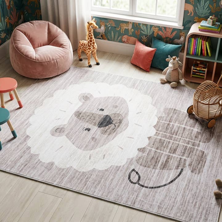Daisy Kids Lion Beige Grey Indoor Soft Area Rug for wholesale by Koshani
