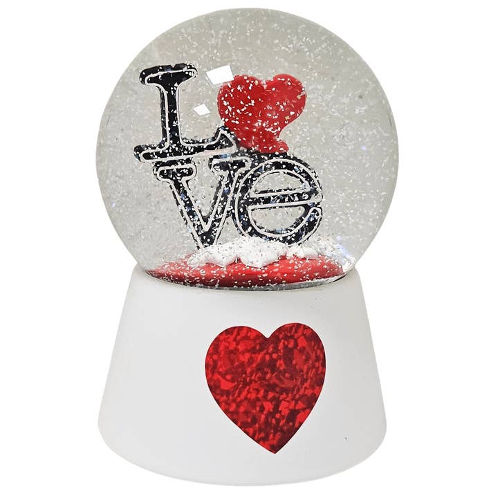 Moderna palla di neve designer LOVE su base bianca cuore rosso con carillon diametro 100 mm per la vendita all'ingrosso da parte di Schneekugelhaus