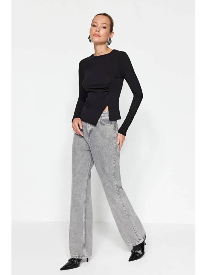 Black Single-Slit Detail Cotton Ruched Crew Neck Knit Blouse for wholesale on Faire1