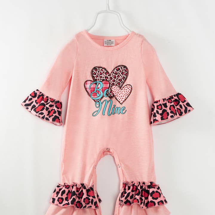 Valentine's Day Pink Leopard Heart Ruffle Baby Girl Romper for wholesale by littleoneusa