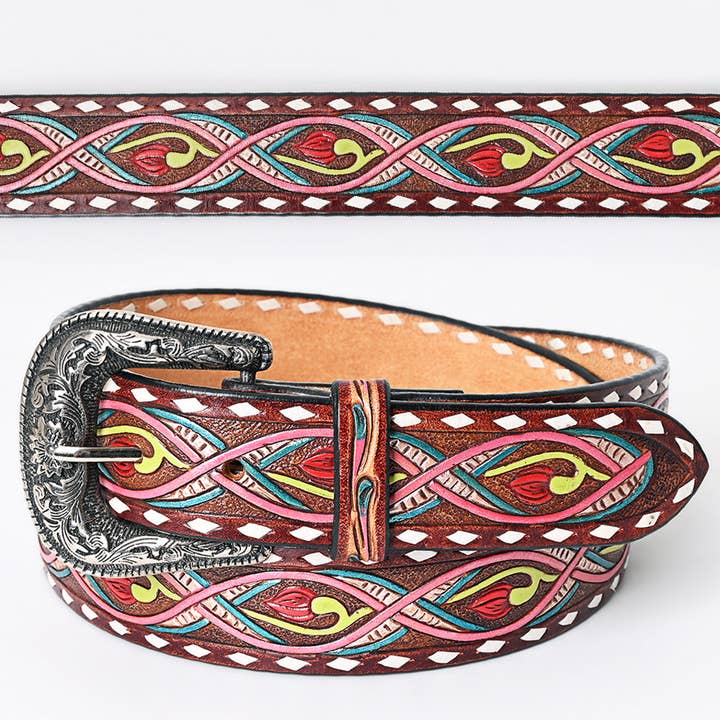 LC-ADBLF150 Hand-Tooled Leather Belt - Neon Abstract Floral Scroll with Pink & Teal Accents for wholesale by LS Western