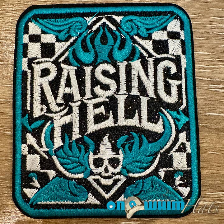 Raising Hell Embroidered Iron-On Patch for wholesale by On a Whim Hats