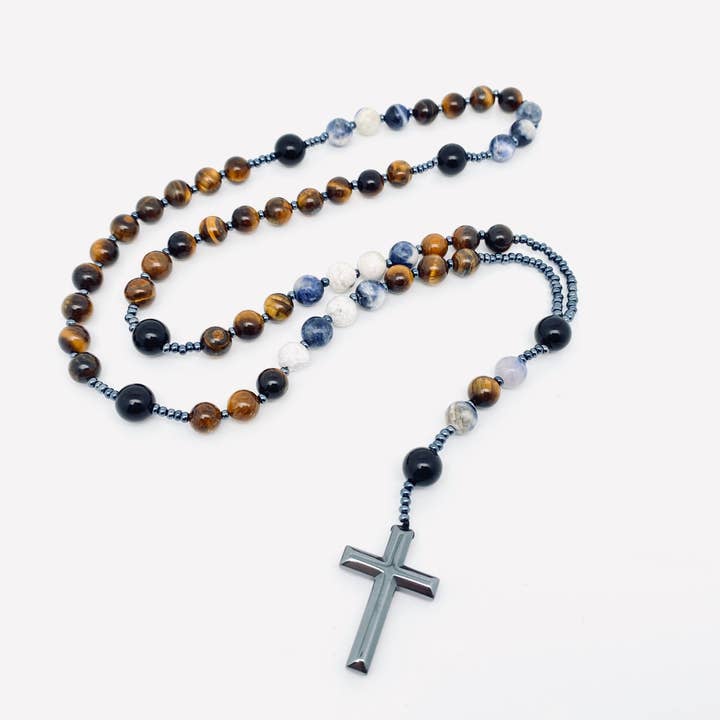 Tiger' Eye Blue-vein Stone Beaded Necklace Cross Pendant -CS for wholesale by Mio Queena