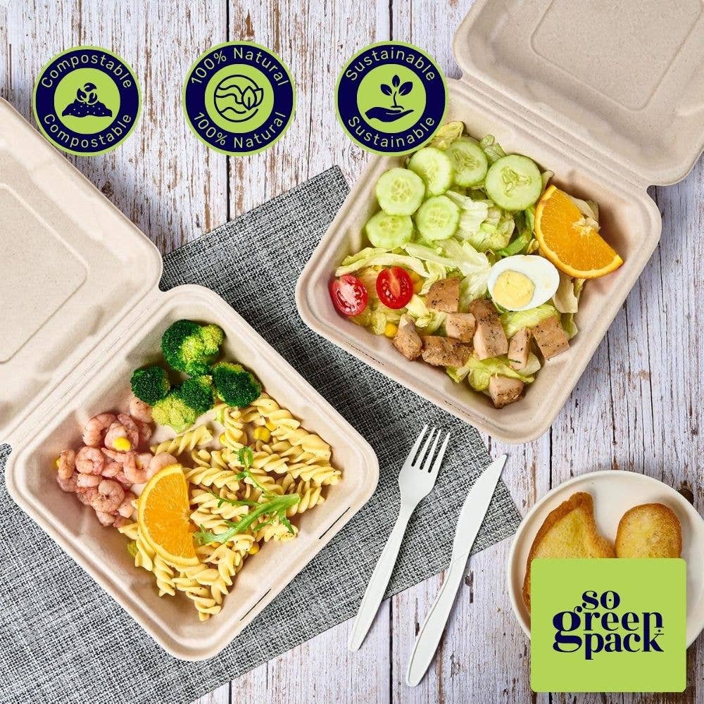 Sogreenpack – wholesale Engångsplatta – 8 ”X 8" komposterbar Bagasse Clamshell Miljövänlig 50-förpackningar7