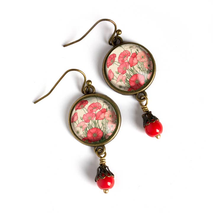The Divine Iguana - Wholesale Dangle Earrings - Pink and Red Poppy Flower Glass Cabochon and Bronze Earrings