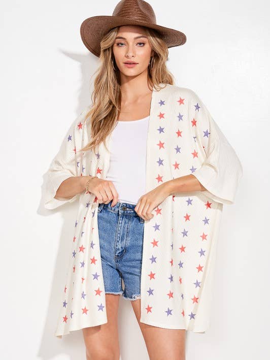 Cardigan quimono de estrelas azuis e vermelhas por atacado de MintChoco