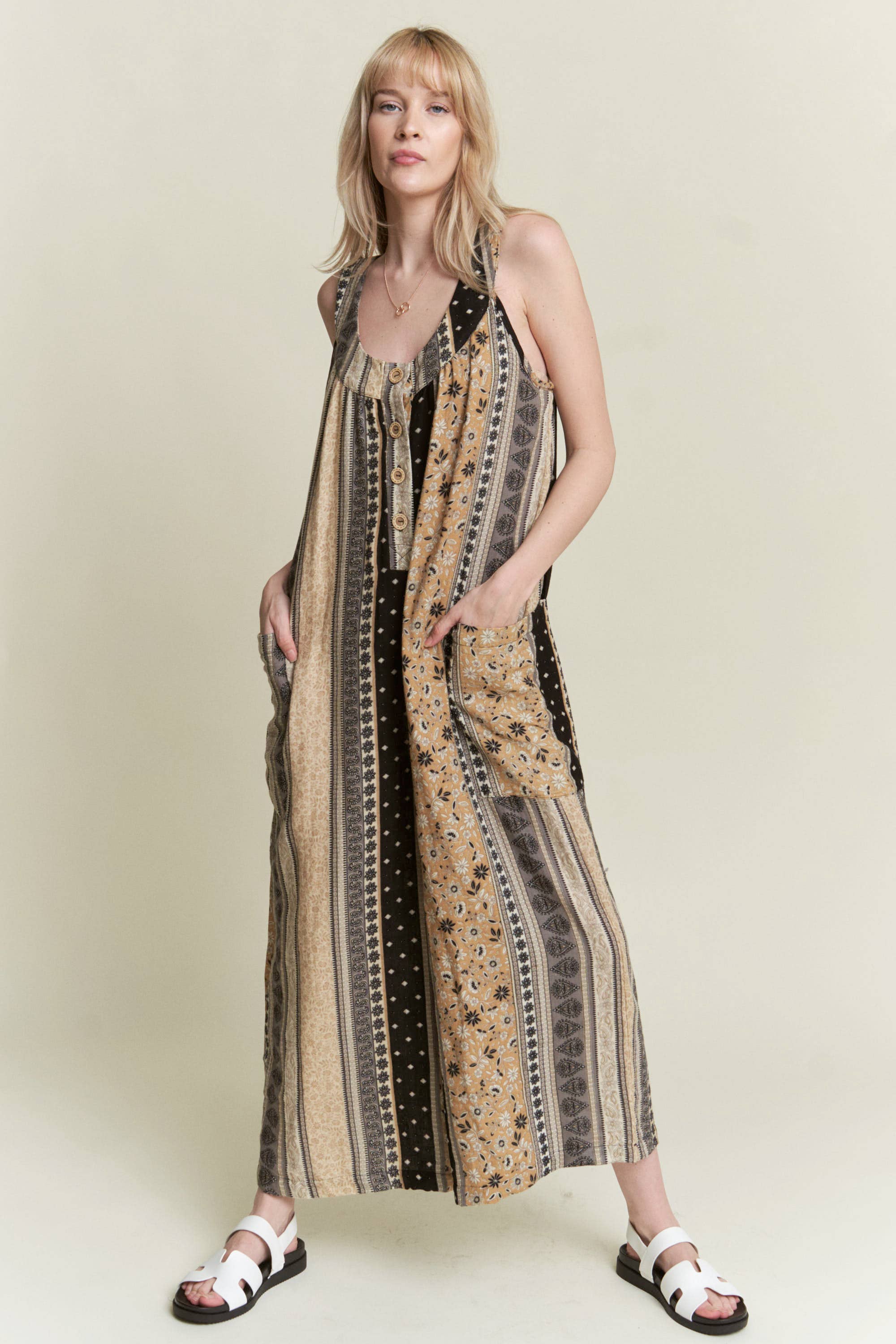 JADE BY JANE – Engroshandel Jumpsuit - Dame – ÆRMELØS FARVEBLOK BLOMSTERPRINT JUMPSUIT MED LIGE BEN16