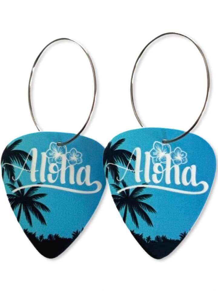 Boucles d'oreilles Aloha Blue Palm Tree Single Guitar Pick pour la vente par Groupie Love
