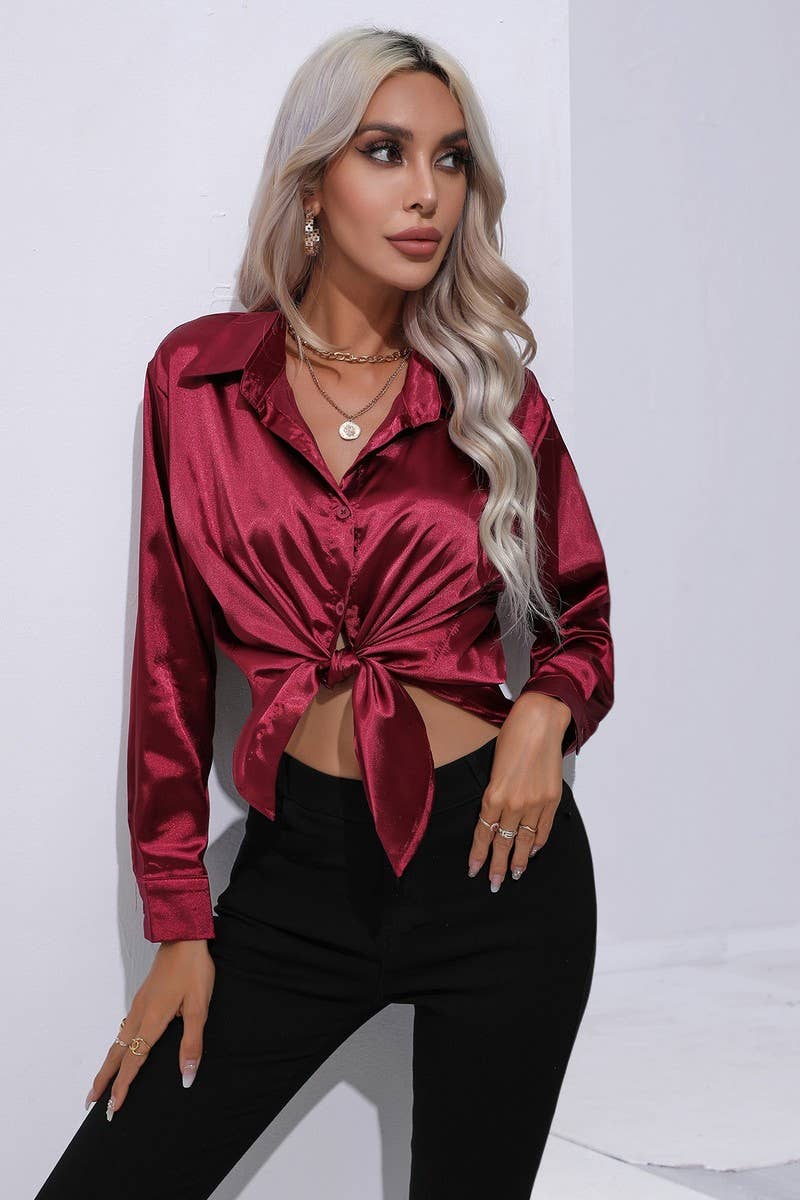 NINEXIS - Wholesale Button Down Shirt - Women's - CWTBLL0690_Button Down Silky Satin Long Sleeve Top14