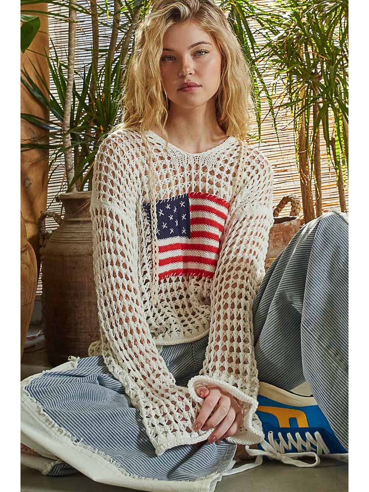 Pol Clothing - Wholesale Knit Top - Women's - Long sleeve American flag hoodie thin sweater top SALE