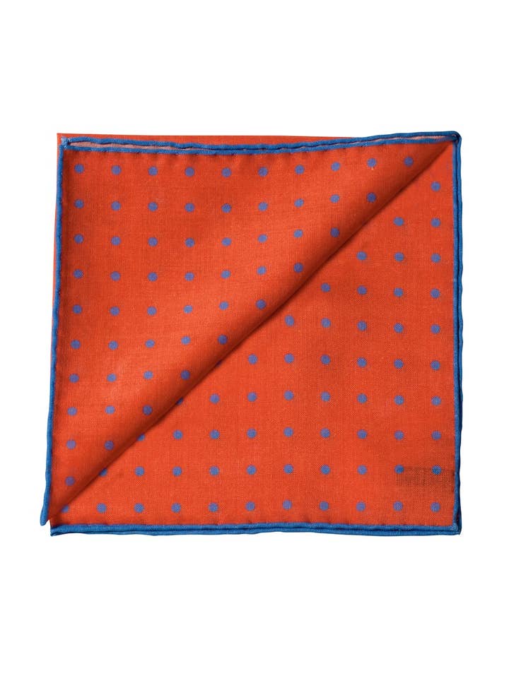 A SAN BABILA orange/blue polka dot printed pocket square for wholesale by Santillo 1970