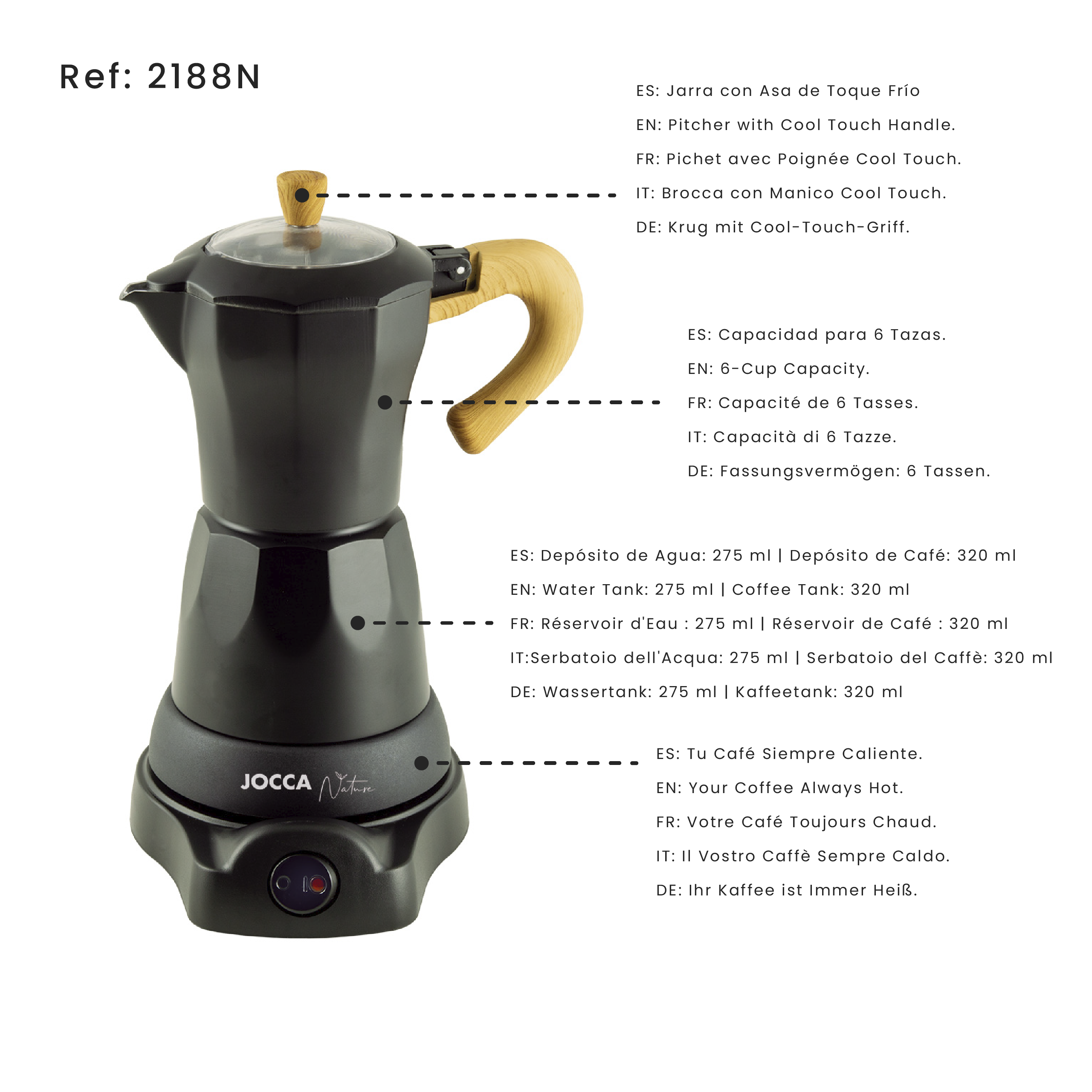 JOCCA - Wholesale Coffee Machine - Cafetera Eléctrica de 6 Tazas Línea Nature Blanca8