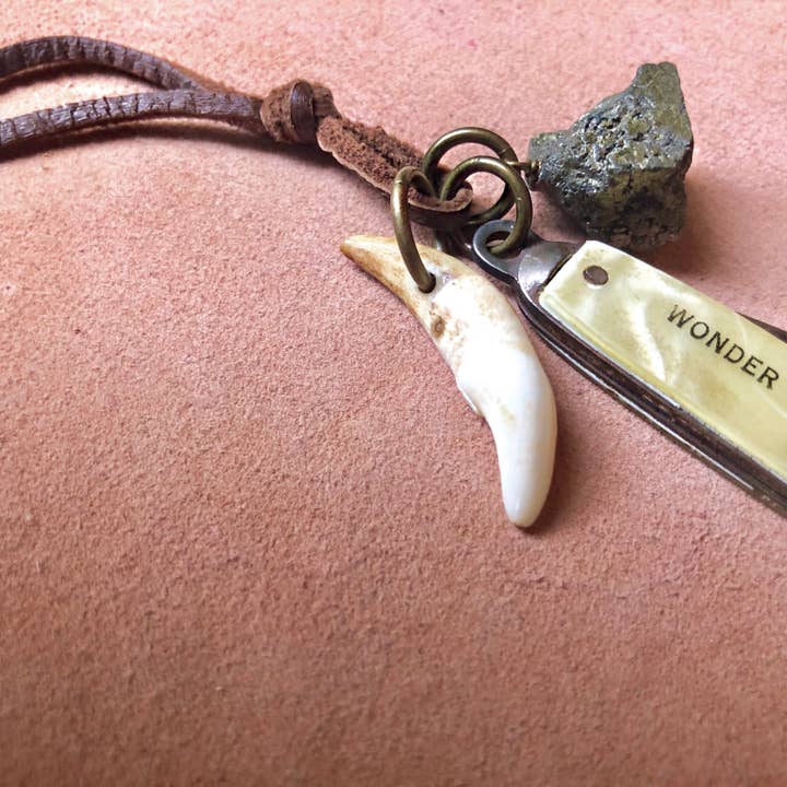 ASTALI - Wholesale Pendant/Charm Necklace - Vintage Pocket Knife & Coyote Tooth Necklace, Pyrite, Real6