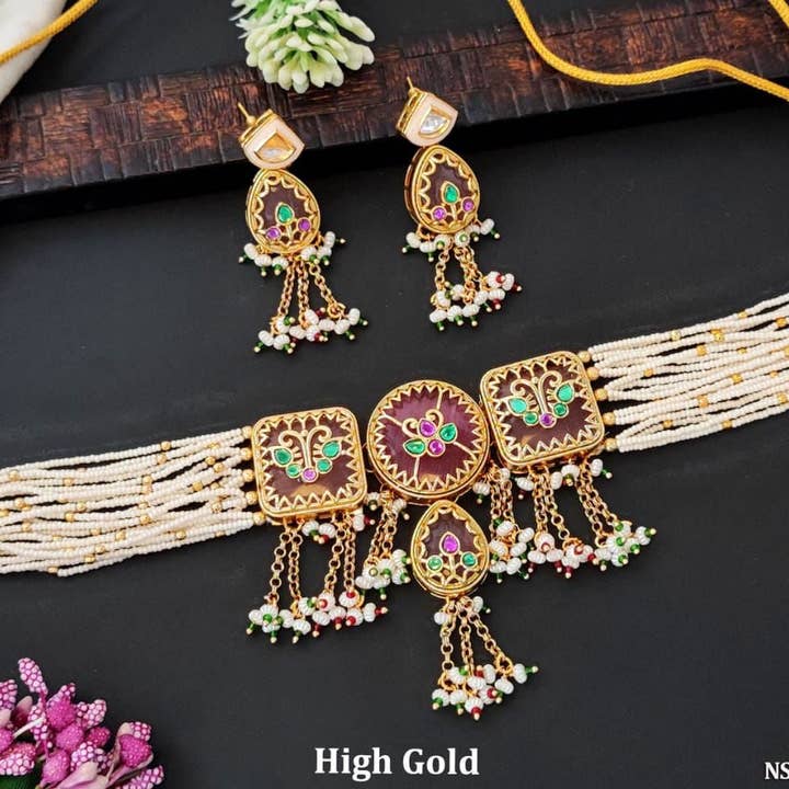 Temple Charm Pearl Necklace Set for wholesale by Vinnis Jewelry