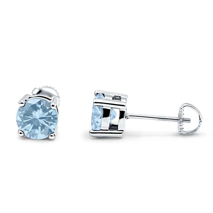 Solitaire Screw Back Stud Earring Brilliant Round Simulated Aquamarine CZ for wholesale by Blue Apple Imports