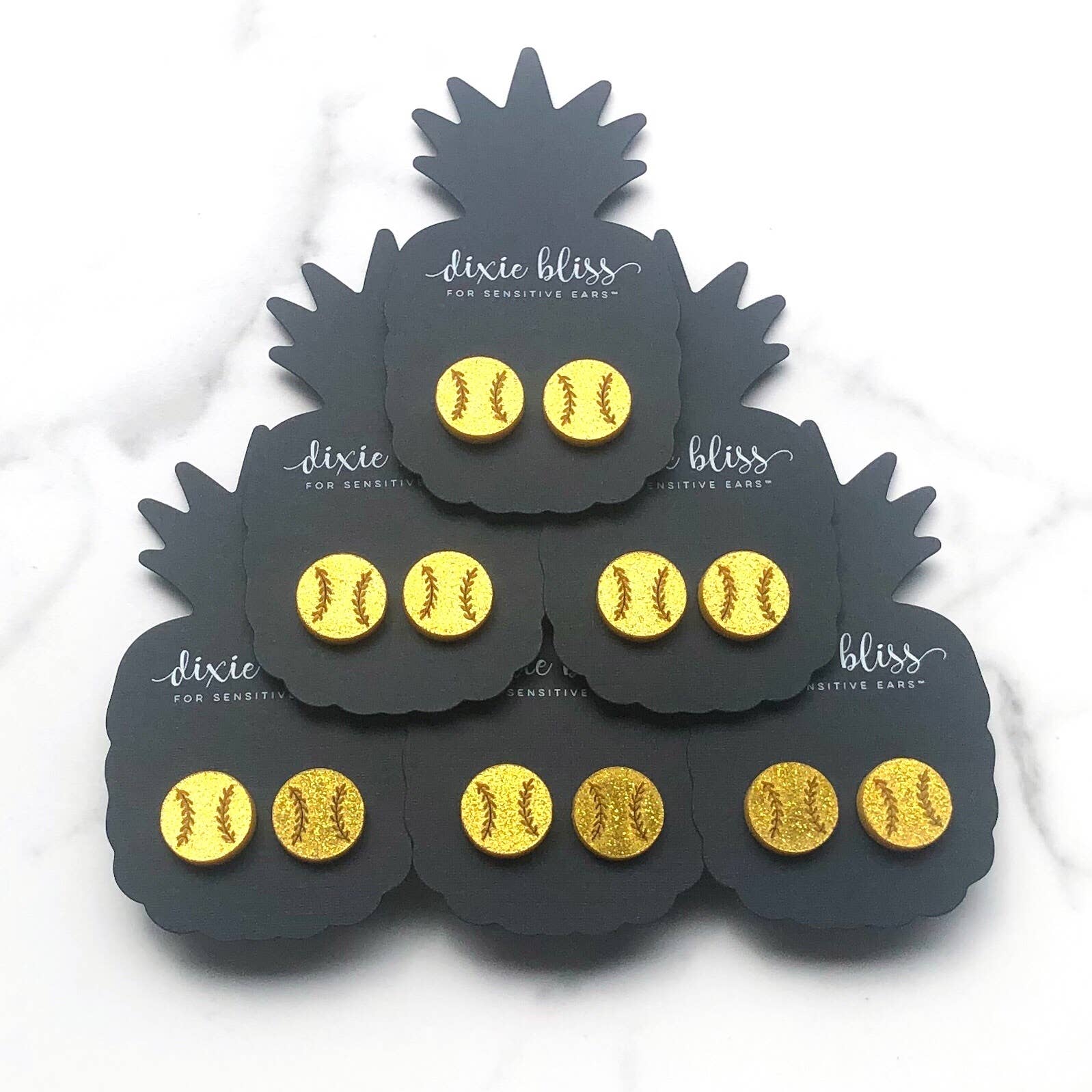 Dixie Bliss - Wholesale Stud/Post Earrings - Gold Glitter Acrylic Softballs Stud Earrings1