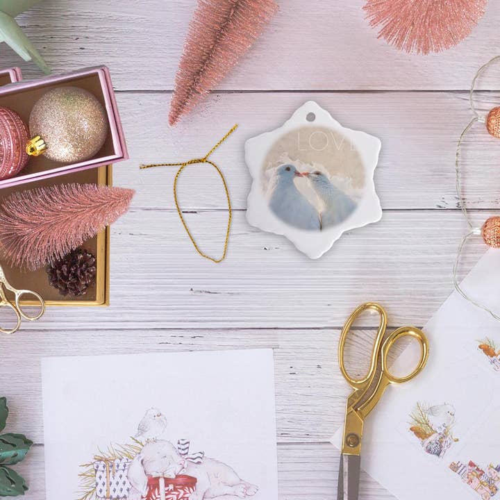 3dRose - Wholesale Ornament - 3dRose, Kissing dowes of white colors, beige background, text LOVE, Ornament5