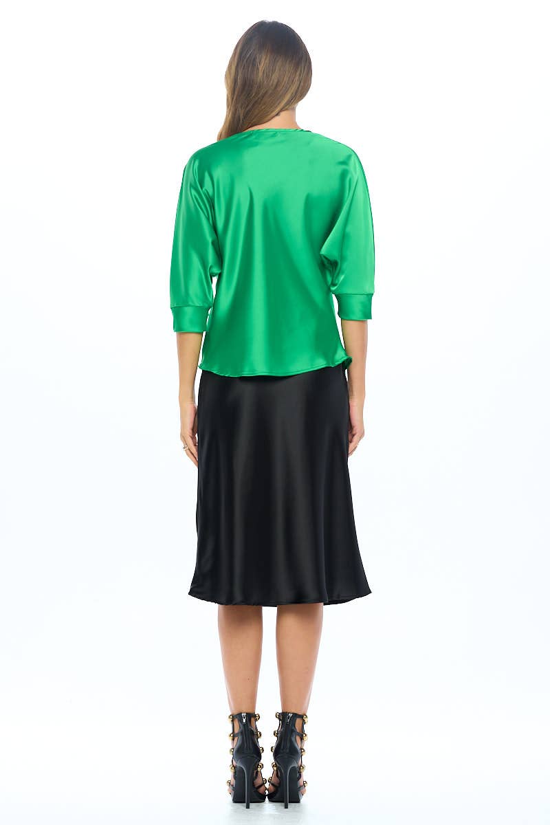GREEN Made in USA Satin Vibrant Cowl neck 3/4 Sleeve Top for wholesale on Faire6