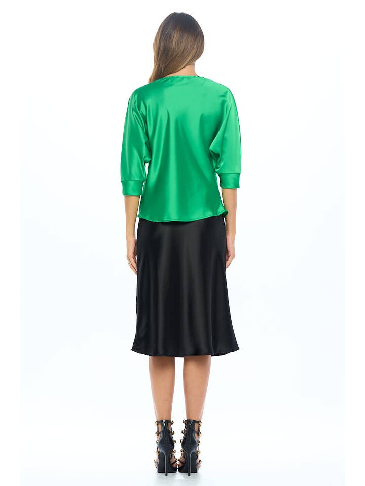 GREEN Made in USA Satin Vibrant Cowl neck 3/4 Sleeve Top for wholesale on Faire6
