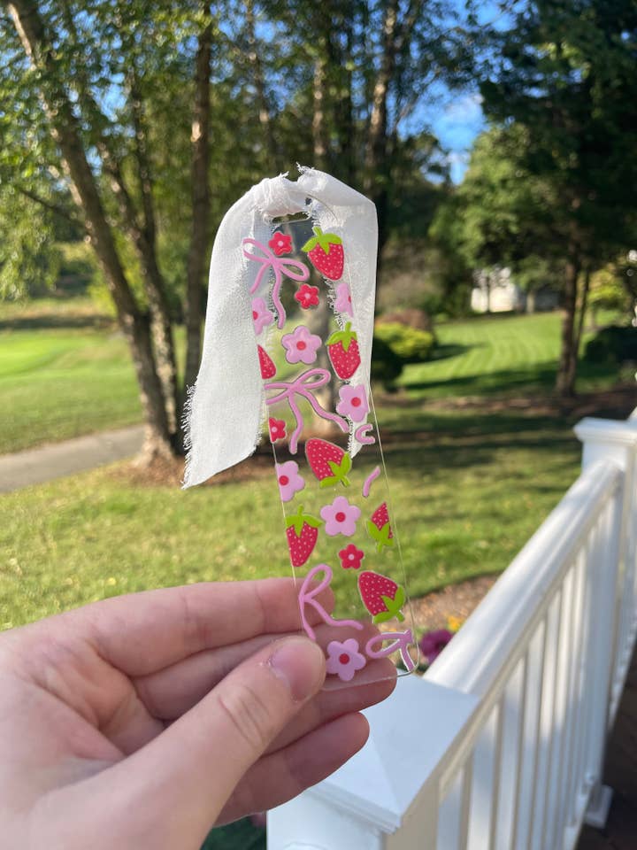Strawberries and Pink Bows Cute Clear Acrylic Bookmark with Chiffon Ribbon for wholesale by DesignedbyKendal