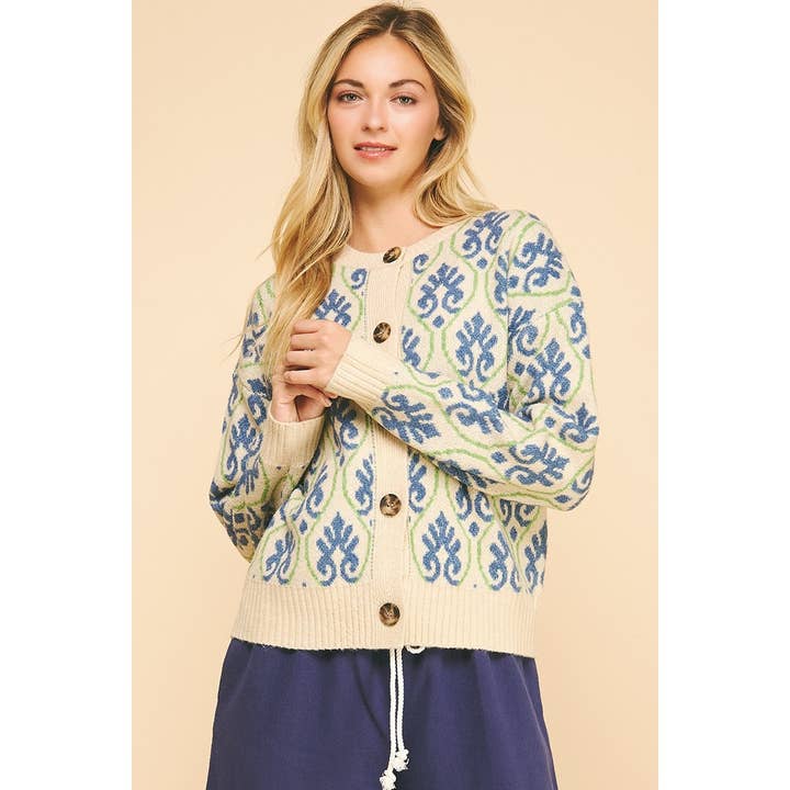 OATMEAL MULTI Cozy jacquard knit cardigan for wholesale on Faire3