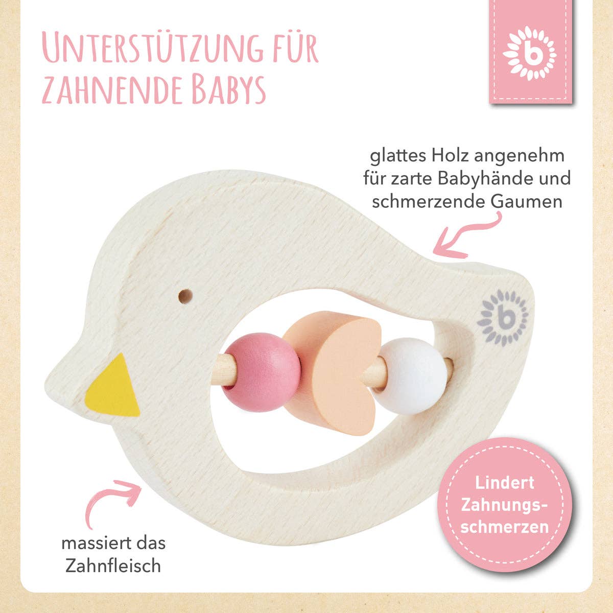 Bieco Spielwaren – wholesale Teether (not clip-on) – Baby – Teething ring bird pink4