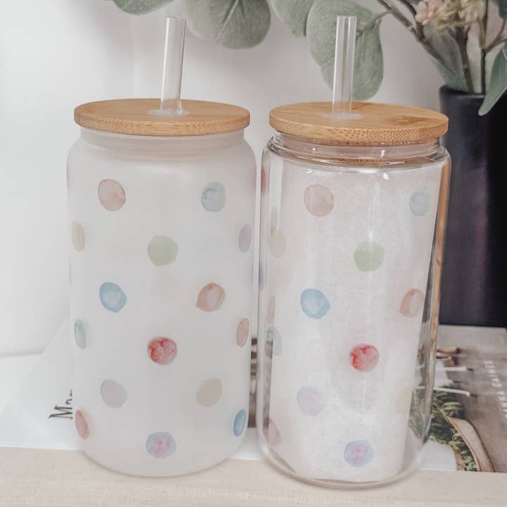 Emma K Designs - Wholesale Drinking Glass/Cup - Colorful Dots (large dots) 16oz Glass Cup with Bamboo Lid