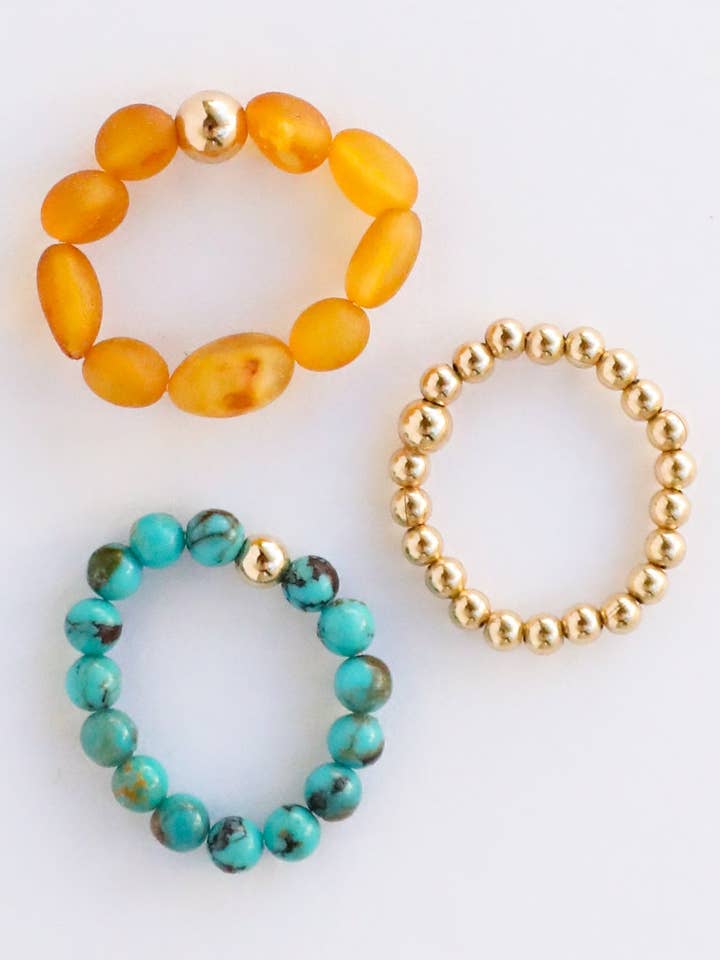 Natural Turquoise + Gold Filled + Honey Amber || Ring Set for wholesale by CanyonLeaf