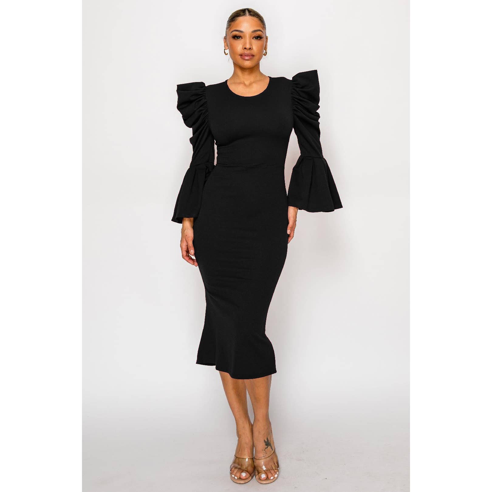 DORCAS - Vendita all'ingrosso Vestito - Donna - ABITO MIDI A SIRENA CON MANICHE A SBUFFO FUMÉ1